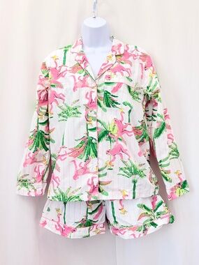8 Oak Lane Pink Monkeys Palm Tree Long Sleeve Cotton Shorts Set Pajamas Sz XS/S